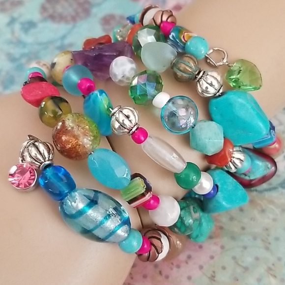 NWT Hand Crafted Semi Precious  Stone Glass Vintage Bead Wrap Bracelet - Picture 16 of 16